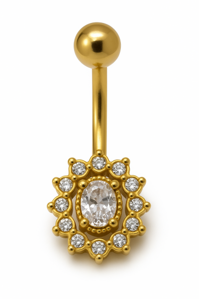 Eterna Oval  Zarif Taşlı Göbek  (Gold / Silver)  Cerrahi Çelik Piercing