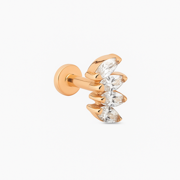 Leafrise Dört Parlak Taşlı Yaprak  Modeli Altın Piercing
