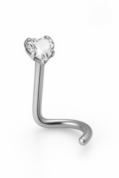 Kalp Taşlı Arkası Kıvrık  İnce Cerrahi Çelik Piercing