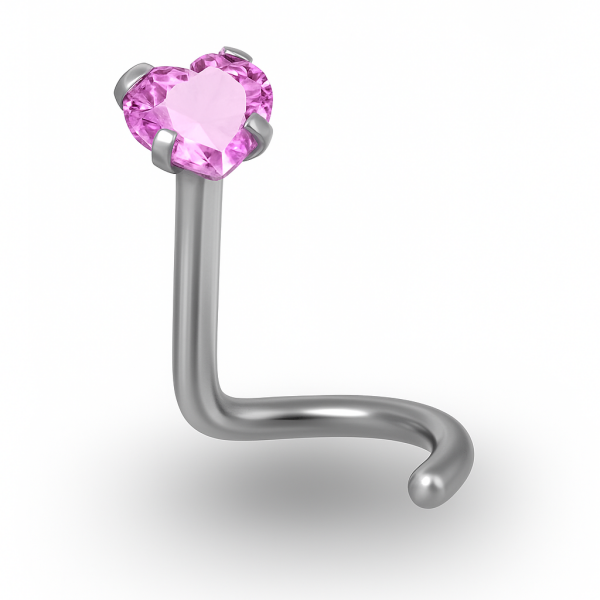 Pembe Kalp Taşlı Arkası Kıvrık  İnce Cerrahi Çelik Piercing