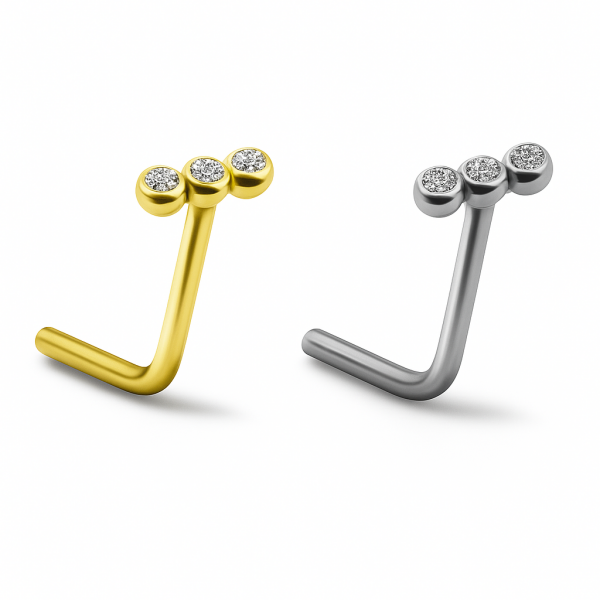 Üç Taşlı Arkası Kıvrık  İnce Cerrahi Çelik Piercing