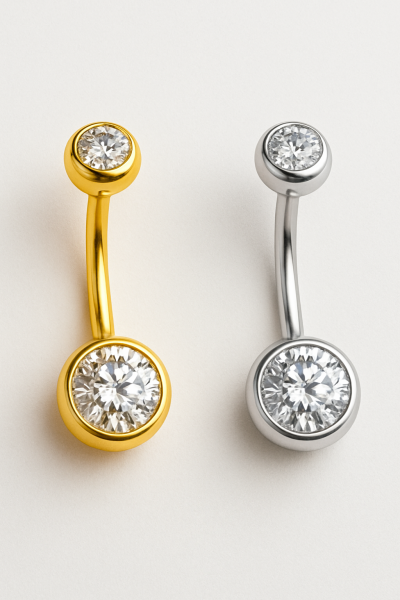 Taşlı Standart Kalınlık Gümüş ve Gold Renk Cerrahi Çelik Göbek(Belly) Piercing