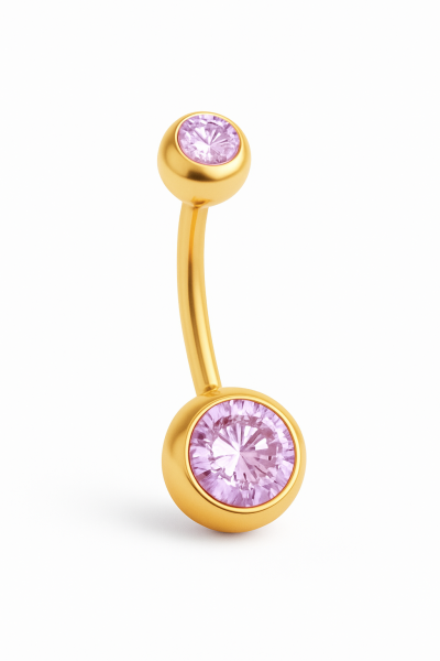 Pembe Taşlı Standart Kalınlık Gümüş ve Gold Renk Cerrahi Çelik Göbek(Belly) Piercing