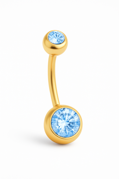 Mavi Taşlı Standart Kalınlık  Gold Renk Cerrahi Çelik Göbek(Belly) Piercing