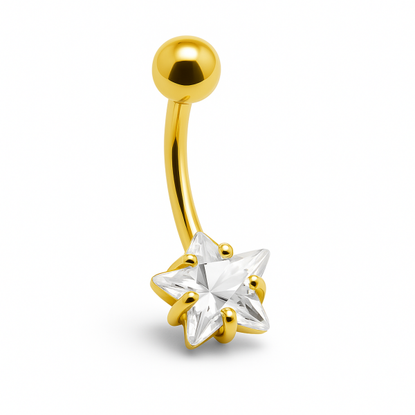 Yıldız Zirkon Parlak Taş Standart Kalınlık Gümüş ve Gold Renk Cerrahi Çelik Göbek(Belly) Piercing