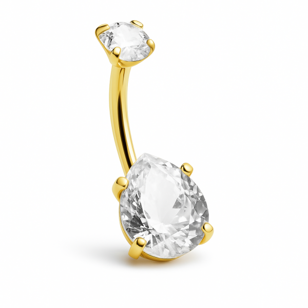 Damla Zirkon Parlak Taş Standart Kalınlık Gümüş ve Gold Renk Cerrahi Çelik Göbek(Belly) Piercing