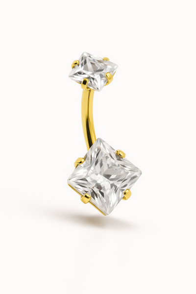 Kare Zirkon Parlak Taş Standart Kalınlık Gümüş ve Gold Renk Cerrahi Çelik Göbek(Belly) Piercing