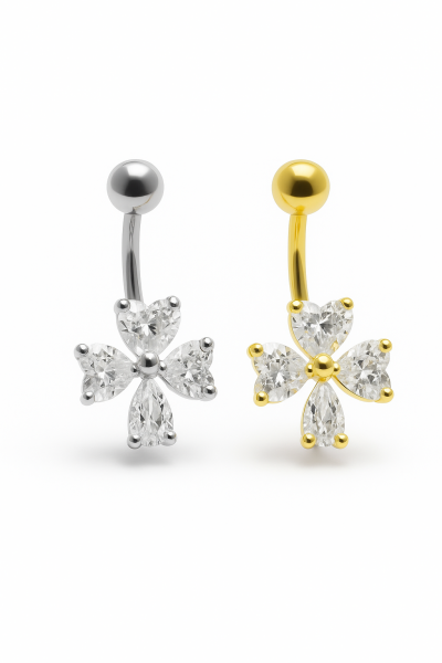 Mirelle Kalp Kesim  Dört Yaprak Cerrahi Çelik Kararmaz Gümüş ve Gold Renk Cerrahi Çelik Göbek(Belly) Piercing
