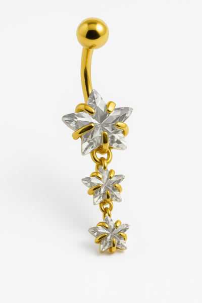 Velarun Üç Aşamalı Yıldız Sarkıt Detaylı Cerrahi Çelik Kararmaz Gümüş ve Gold Renk Cerrahi Çelik Göbek(Belly) Piercing