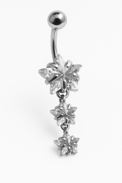 Velarun Üç Aşamalı Yıldız Sarkıt Detaylı Cerrahi Çelik Kararmaz Gümüş ve Gold Renk Cerrahi Çelik Göbek(Belly) Piercing