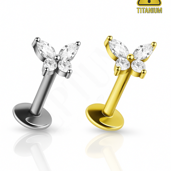 Sylphi Hafifliğin Işıltılı Yansıması Kelebek Formunda Titanyum Arkası Düz Labret Piercing