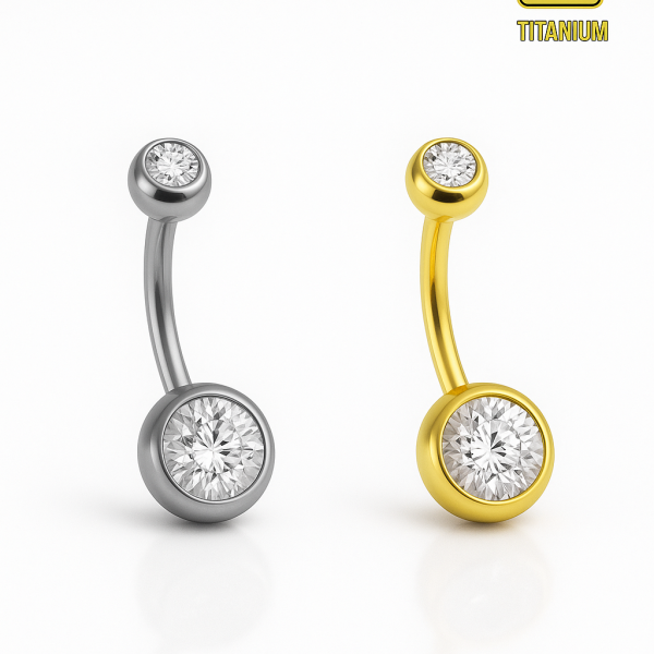 Gömülü Taşlı Toplu Standart Kalınlık Gold Silver Göbek (Belly) Titanyum Piercing