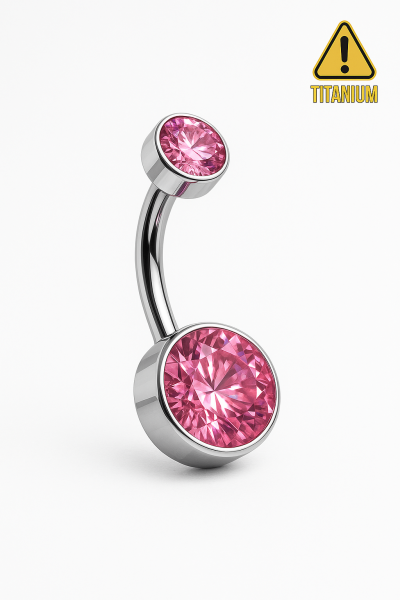 Pembe Taşlı Standart Kalınlık Silver Göbek (Belly) Titanyum Piercing