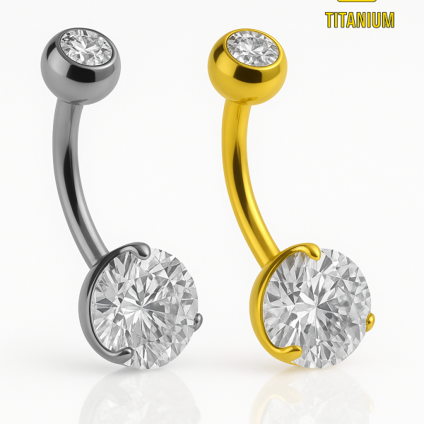 Taşlı Standart Kalınlık Gold- Silver  Renk Göbek (Belly) Titanyum Piercing